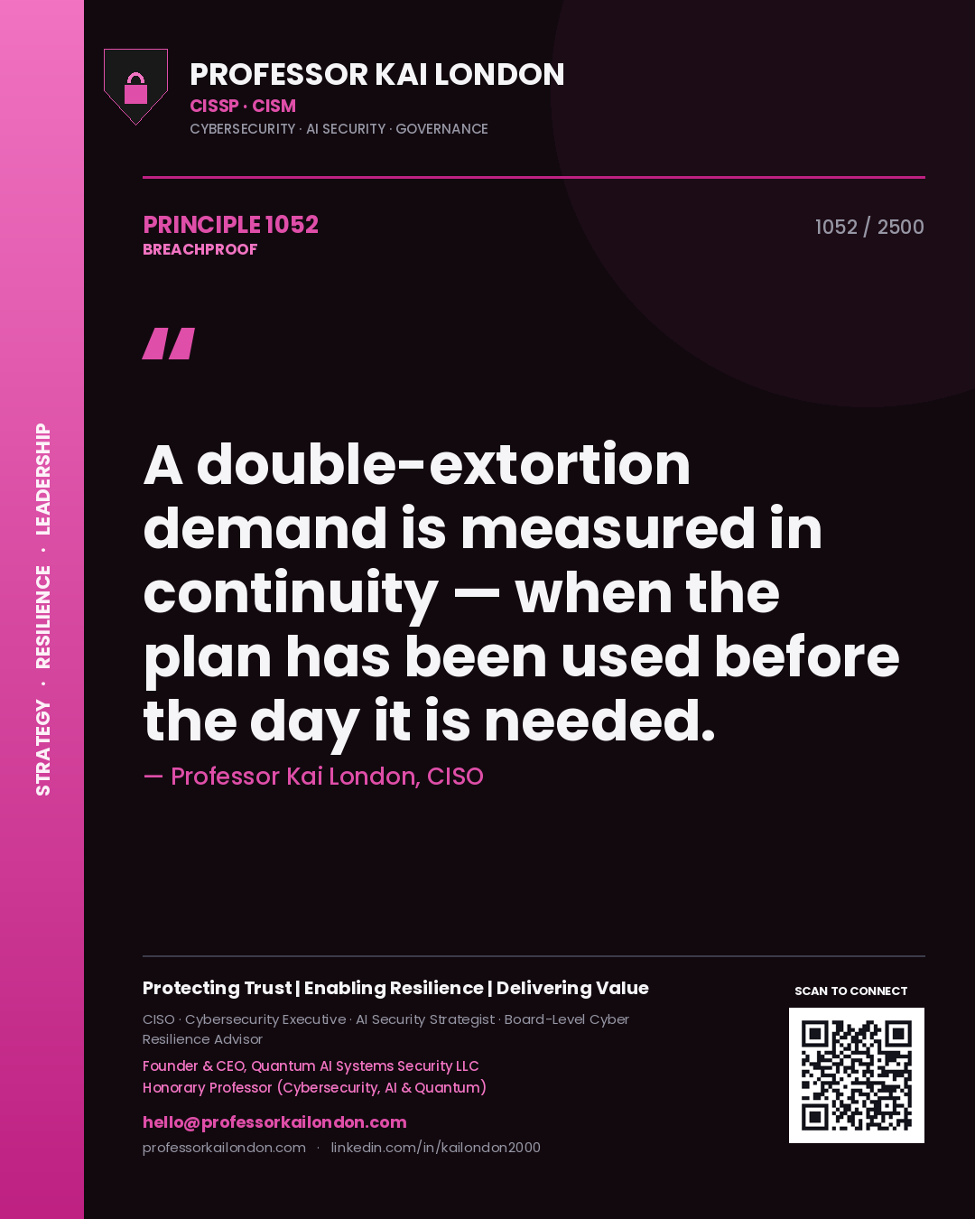 Quote card by Professor Kai London reading 'A double-extortion demand is measured in continuity — when the plan has been used before the day it is needed.'. From the book Breachproof.