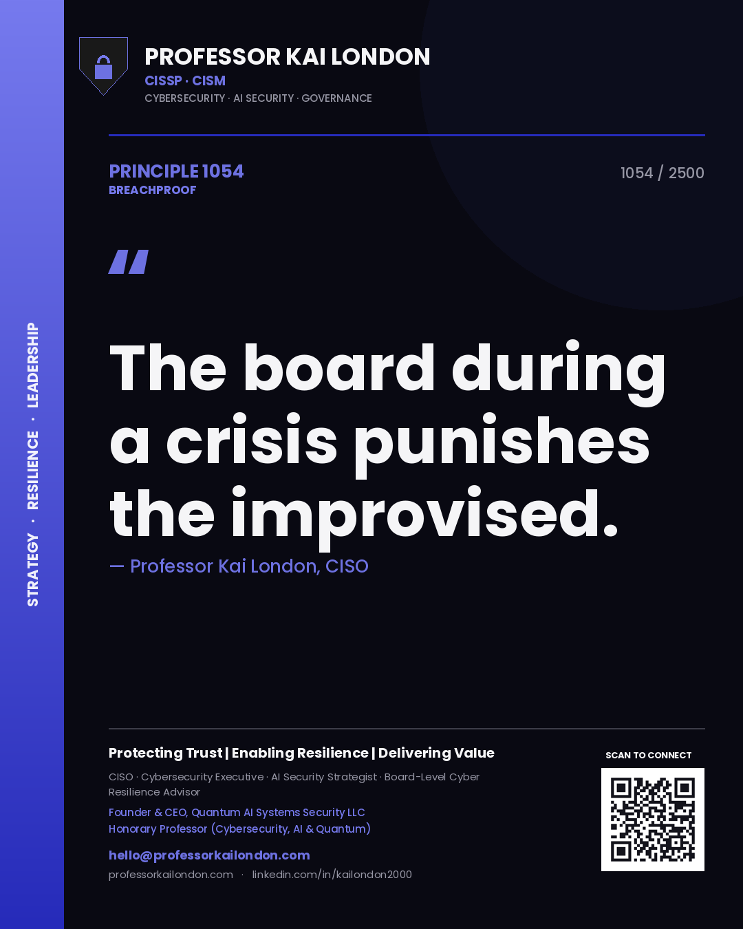 Quote card by Professor Kai London reading 'The board during a crisis punishes the improvised.'. From the book Breachproof.