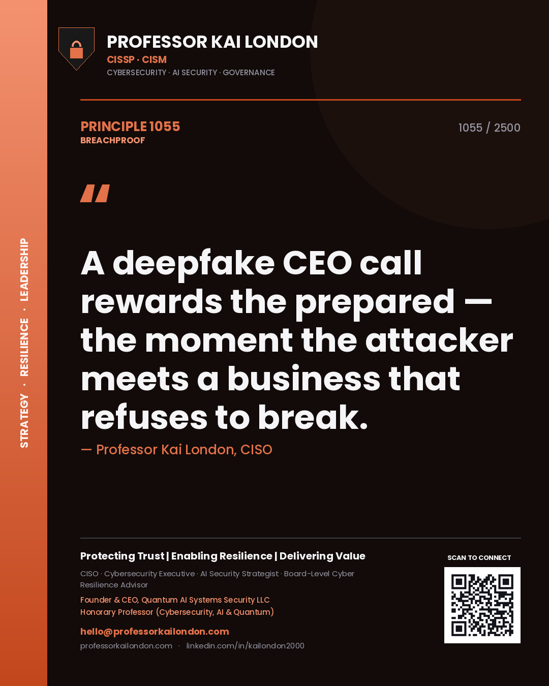 Quote card by Professor Kai London reading 'A deepfake CEO call rewards the prepared — the moment the attacker meets a business that refuses to break.'. From the book Breachproof.