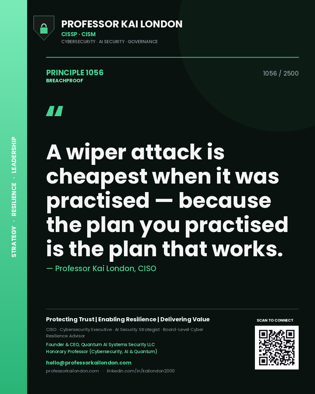 Quote card by Professor Kai London reading 'A wiper attack is cheapest when it was practised — because the plan you practised is the plan that works.'. From the book Breachproof.