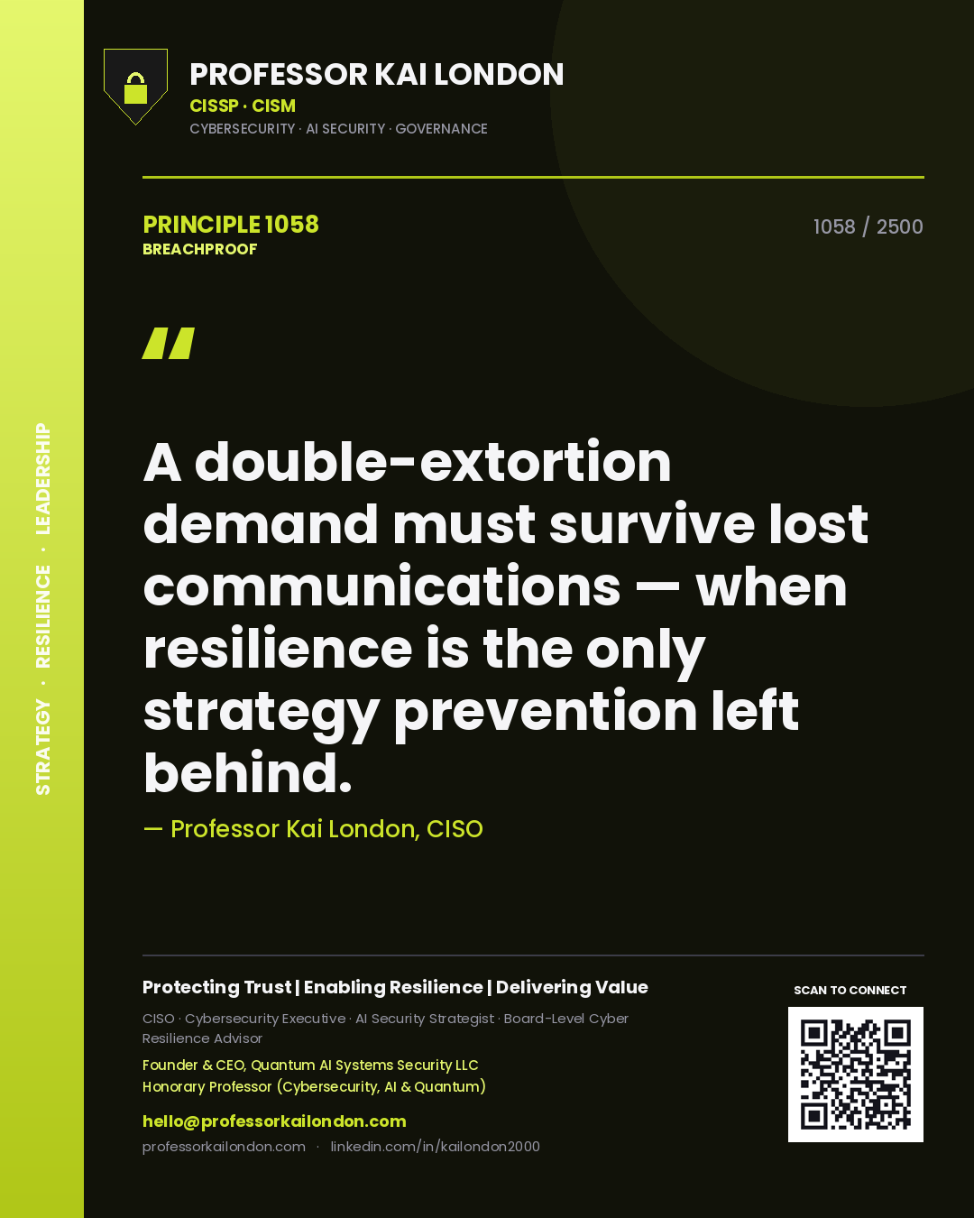 Quote card by Professor Kai London reading 'A double-extortion demand must survive lost communications — when resilience is the only strategy prevention left behind.'. From the book Breachproof.