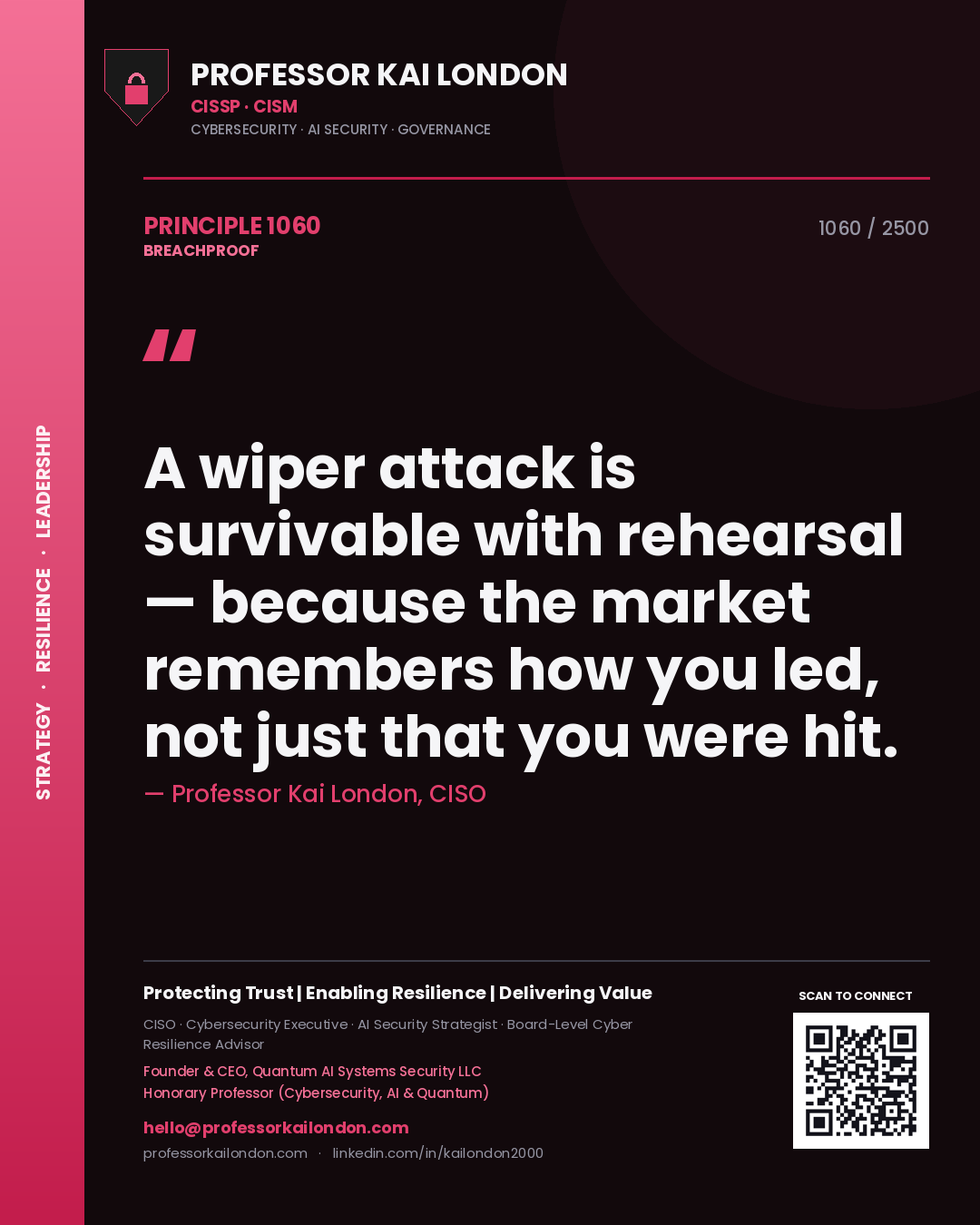 Professor Kai London principle 1060: A wiper attack is survivable with rehearsal — because the market remembers how you led, not just that you were hit.