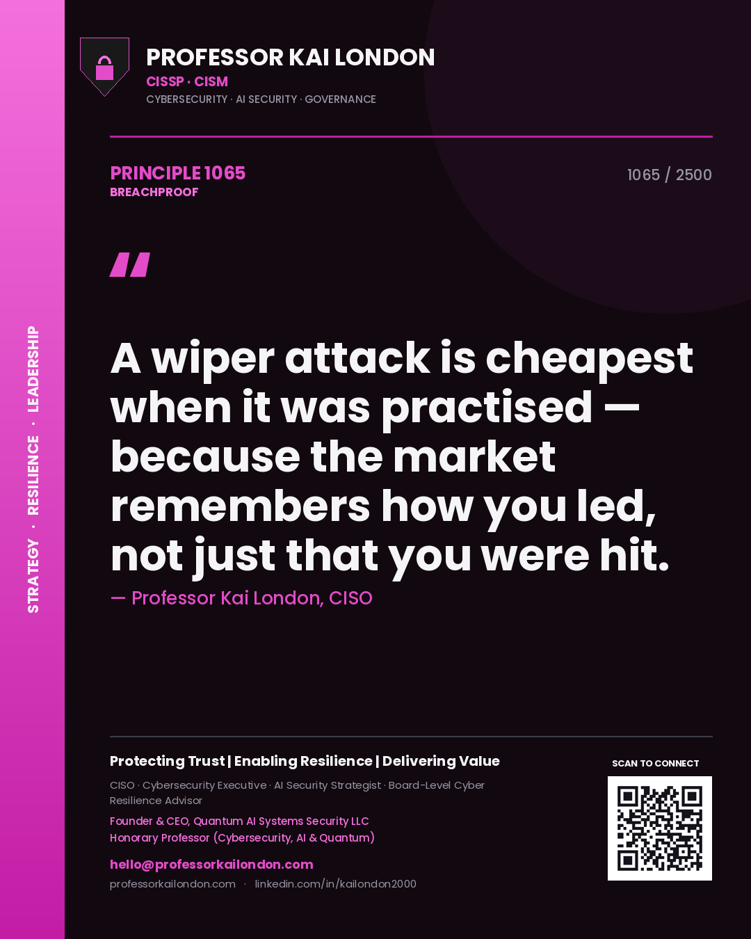 Quote card by Professor Kai London reading 'A wiper attack is cheapest when it was practised — because the market remembers how you led, not just that you were hit.'. From the book Breachproof.