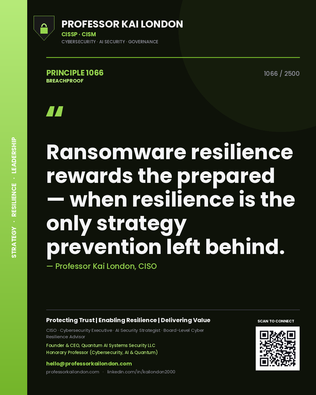 Quote card by Professor Kai London reading 'Ransomware resilience rewards the prepared — when resilience is the only strategy prevention left behind.'. From the book Breachproof.