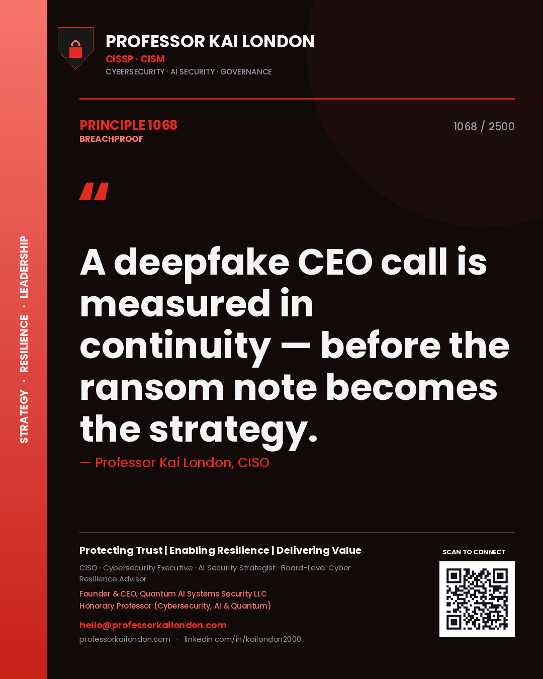 Quote card by Professor Kai London reading 'A deepfake CEO call is measured in continuity — before the ransom note becomes the strategy.'. From the book Breachproof.