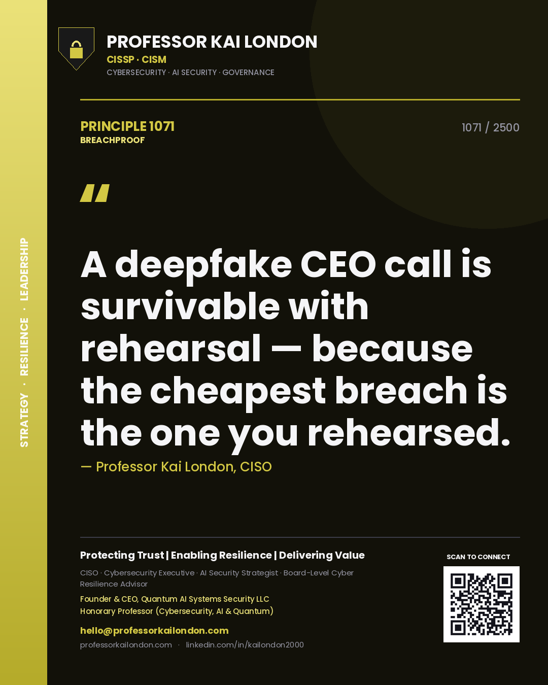 Quote card by Professor Kai London reading 'A deepfake CEO call is survivable with rehearsal — because the cheapest breach is the one you rehearsed.'. From the book Breachproof.