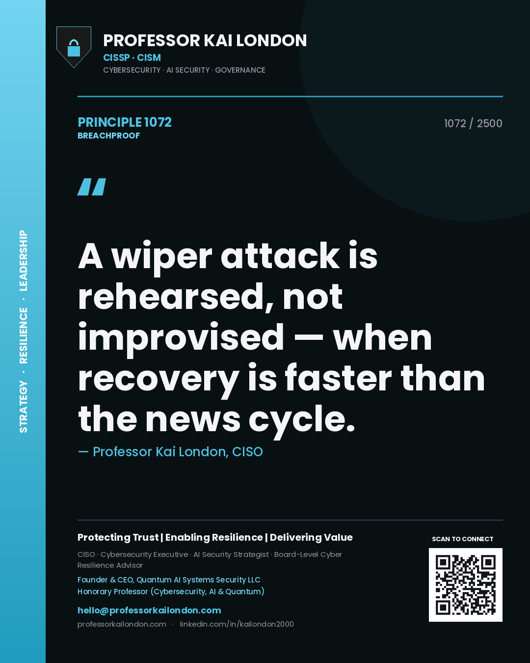 Quote card by Professor Kai London reading 'A wiper attack is rehearsed, not improvised — when recovery is faster than the news cycle.'. From the book Breachproof.