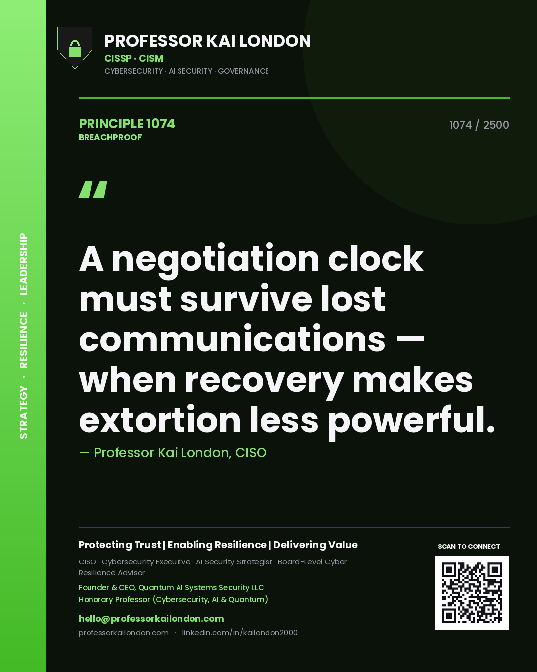 Quote card by Professor Kai London reading 'A negotiation clock must survive lost communications — when recovery makes extortion less powerful.'. From the book Breachproof.