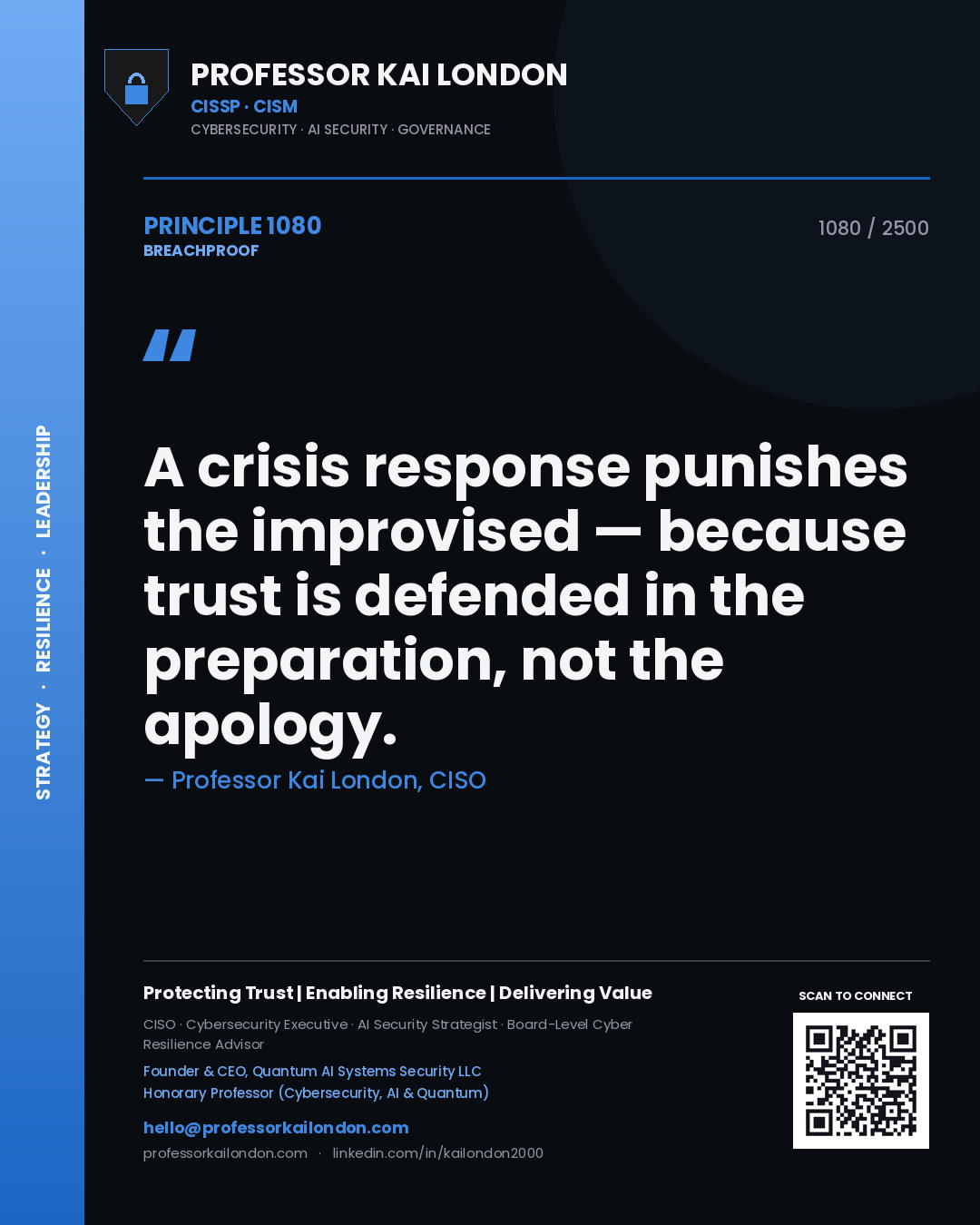 Quote card by Professor Kai London reading 'A crisis response punishes the improvised — because trust is defended in the preparation, not the apology.'. From the book Breachproof.