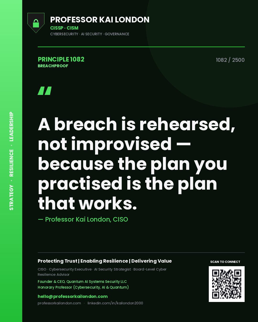 Quote card by Professor Kai London reading 'A breach is rehearsed, not improvised — because the plan you practised is the plan that works.'. From the book Breachproof.
