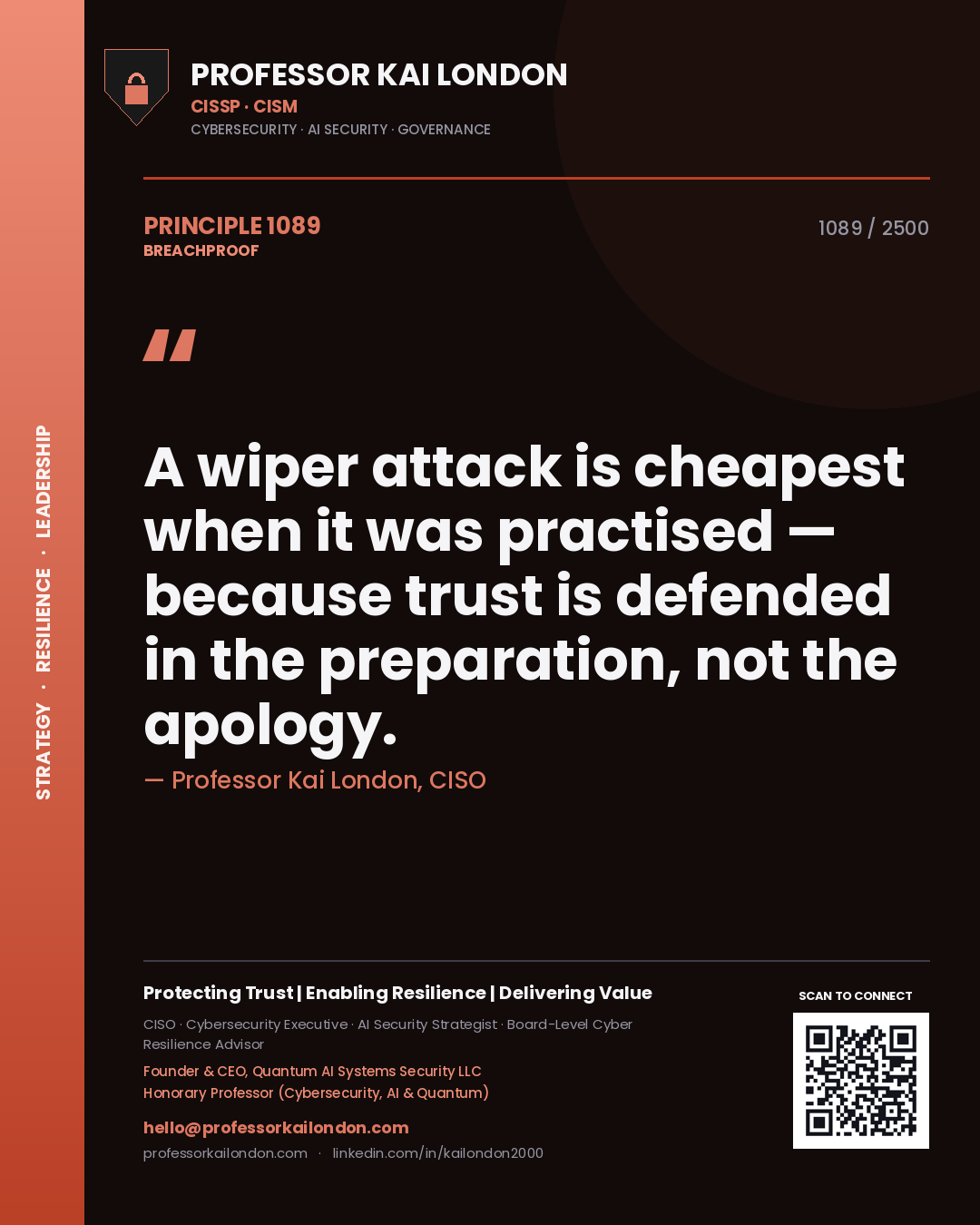 Quote card by Professor Kai London reading 'A wiper attack is cheapest when it was practised — because trust is defended in the preparation, not the apology.'. From the book Breachproof.