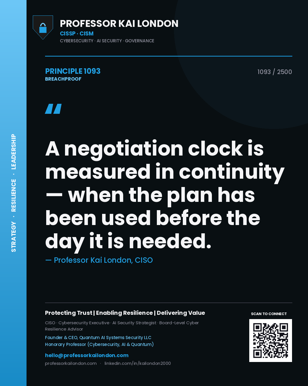 Quote card by Professor Kai London reading 'A negotiation clock is measured in continuity — when the plan has been used before the day it is needed.'. From the book Breachproof.