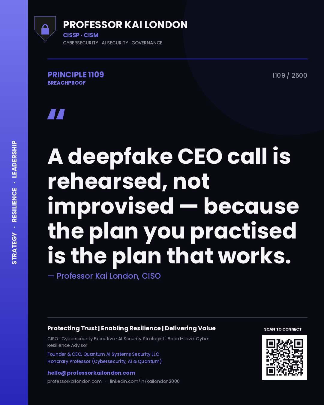 Quote card by Professor Kai London reading 'A deepfake CEO call is rehearsed, not improvised — because the plan you practised is the plan that works.'. From the book Breachproof.