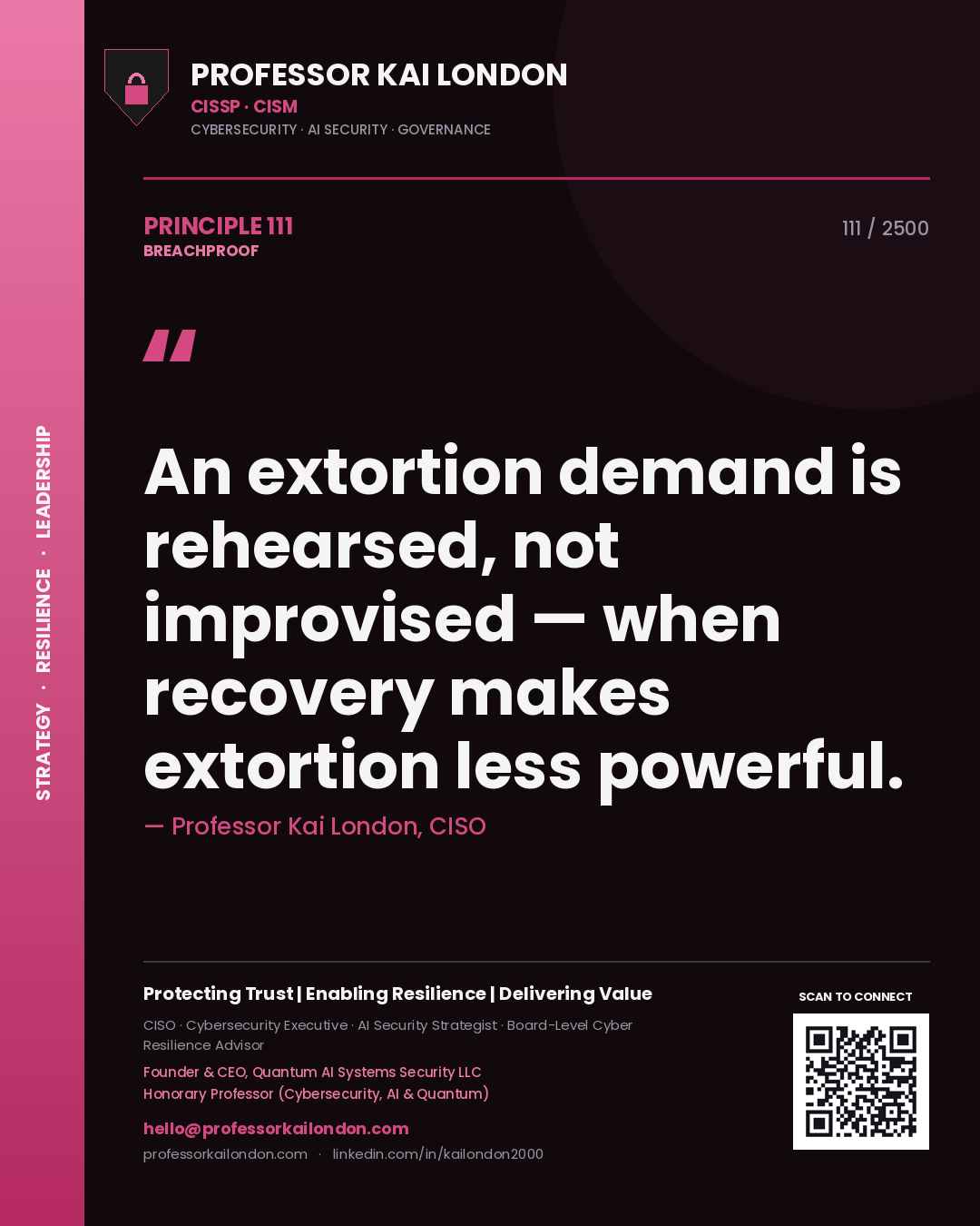 Quote card by Professor Kai London reading 'An extortion demand is rehearsed, not improvised — when recovery makes extortion less powerful.'. From the book Breachproof.
