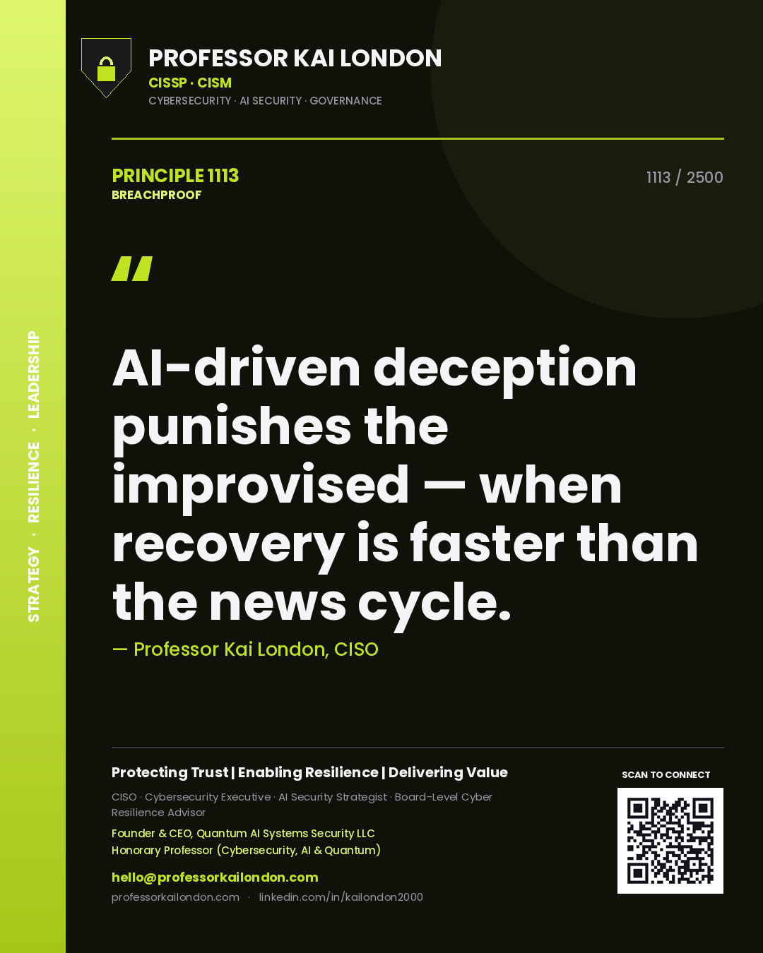 Quote card by Professor Kai London reading 'AI-driven deception punishes the improvised — when recovery is faster than the news cycle.'. From the book Breachproof.