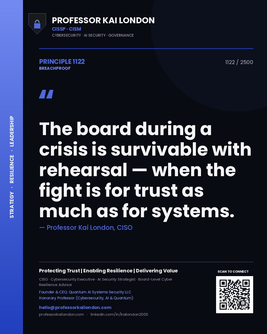 Quote card by Professor Kai London reading 'The board during a crisis is survivable with rehearsal — when the fight is for trust as much as for systems.'. From the book Breachproof.