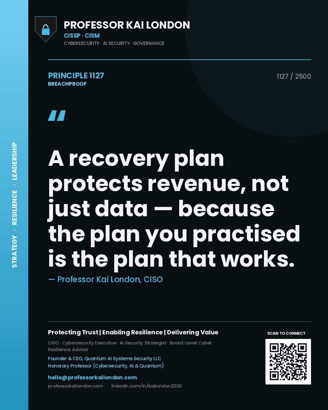 Quote card by Professor Kai London reading 'A recovery plan protects revenue, not just data — because the plan you practised is the plan that works.'. From the book Breachproof.
