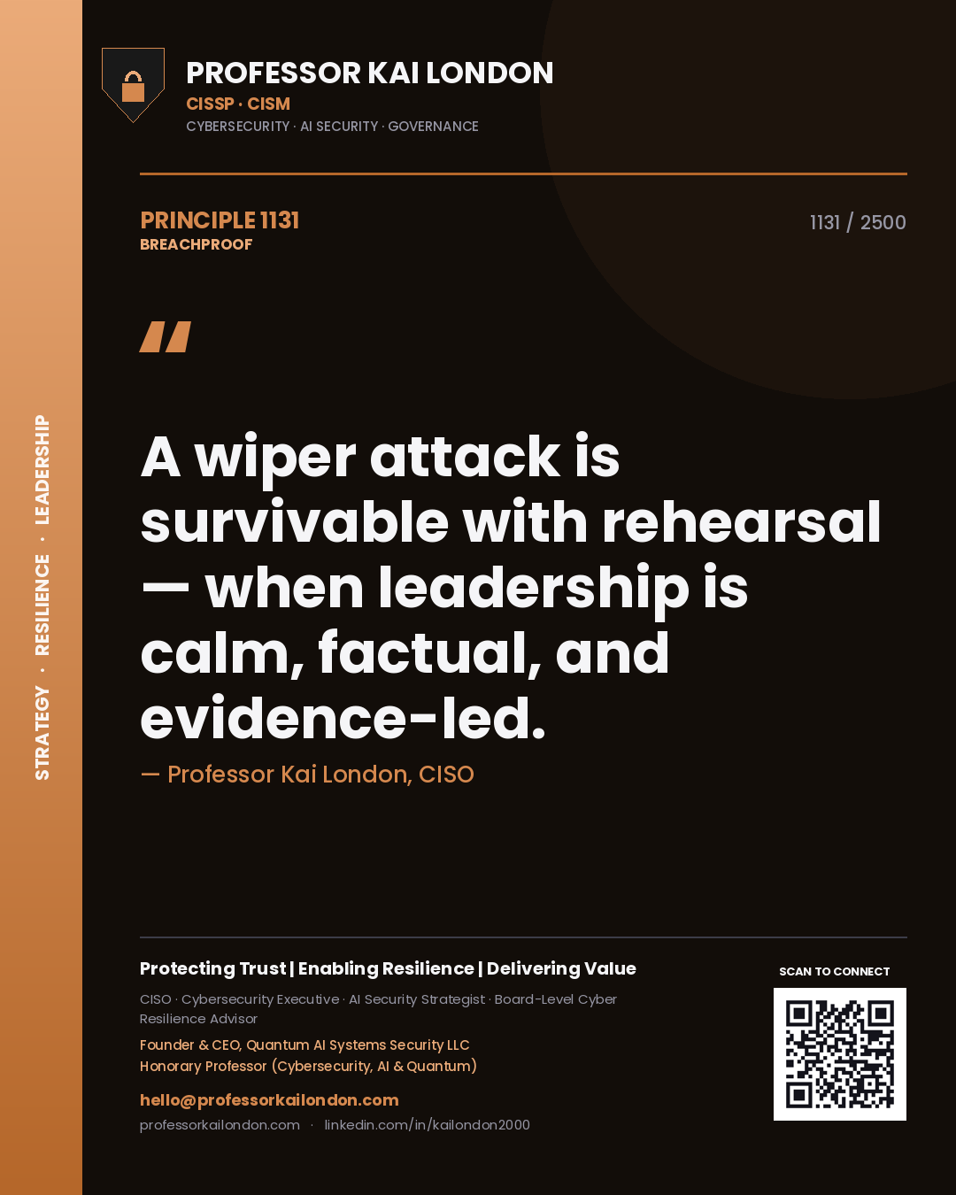 Quote card by Professor Kai London reading 'A wiper attack is survivable with rehearsal — when leadership is calm, factual, and evidence-led.'. From the book Breachproof.