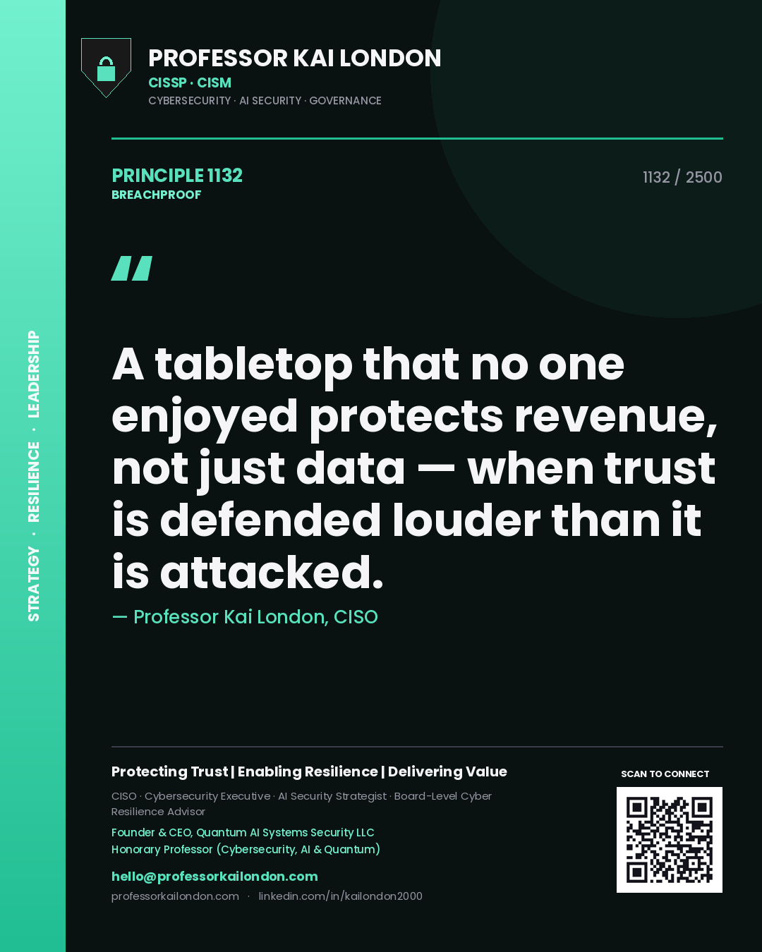 Quote card by Professor Kai London reading 'A tabletop that no one enjoyed protects revenue, not just data — when trust is defended louder than it is attacked.'. From the book Breachproof.