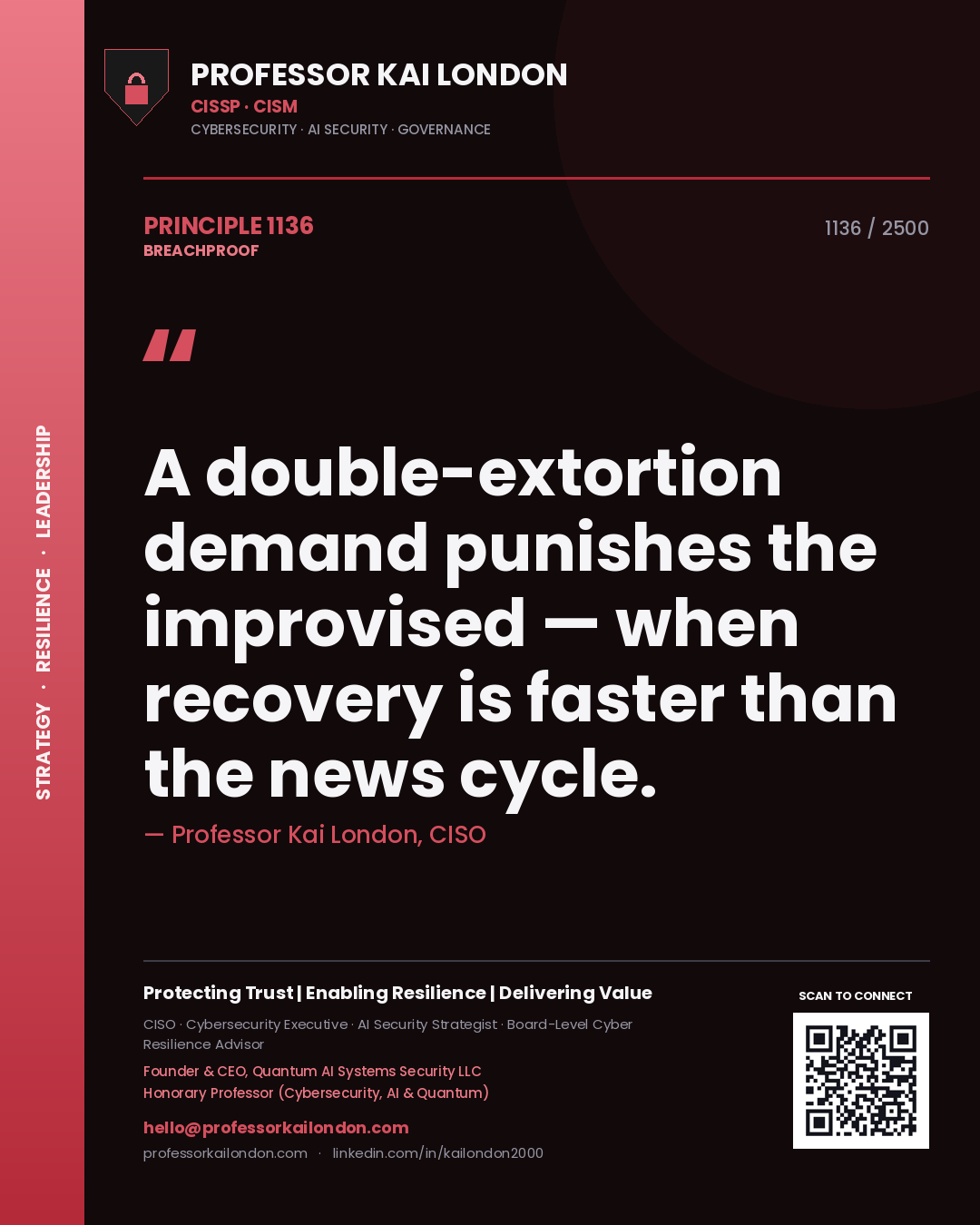 Quote card by Professor Kai London reading 'A double-extortion demand punishes the improvised — when recovery is faster than the news cycle.'. From the book Breachproof.