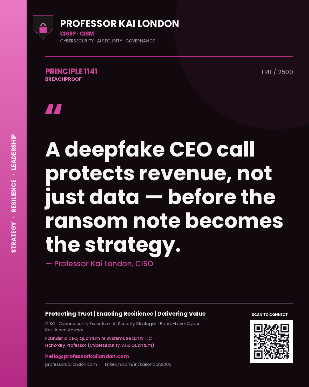 Quote card by Professor Kai London reading 'A deepfake CEO call protects revenue, not just data — before the ransom note becomes the strategy.'. From the book Breachproof.