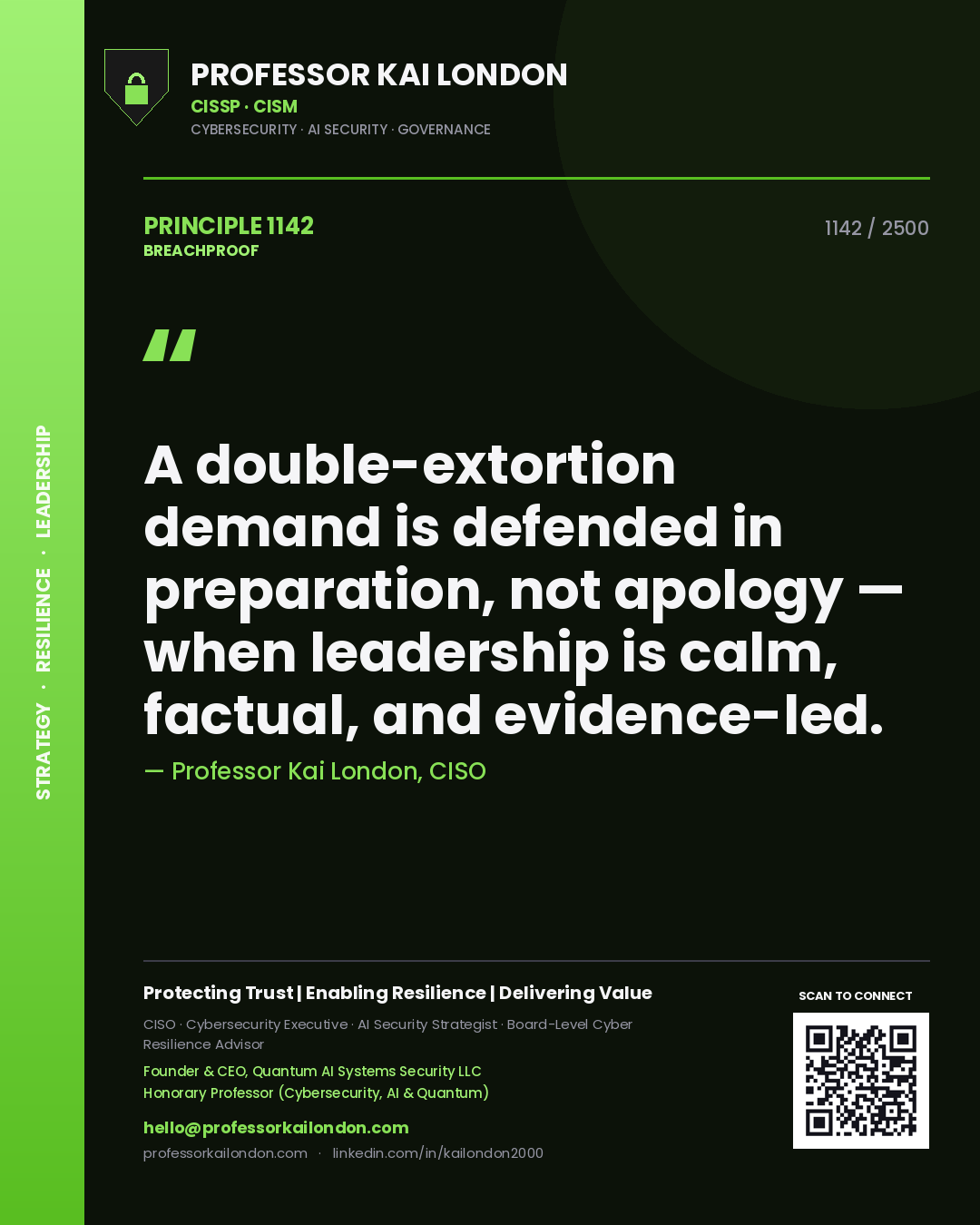 Quote card by Professor Kai London reading 'A double-extortion demand is defended in preparation, not apology — when leadership is calm, factual, and evidence-led.'. From the book Breachproof.