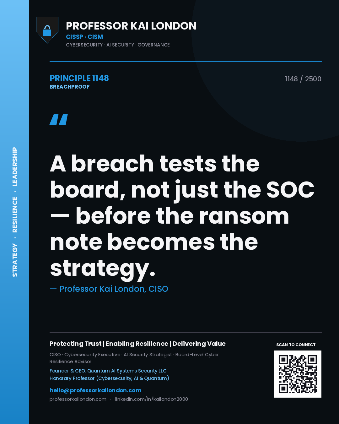 Quote card by Professor Kai London reading 'A breach tests the board, not just the SOC — before the ransom note becomes the strategy.'. From the book Breachproof.