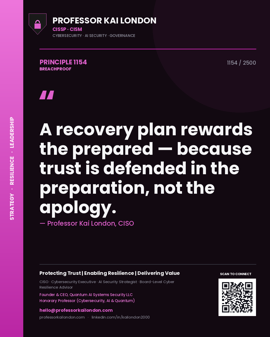 Quote card by Professor Kai London reading 'A recovery plan rewards the prepared — because trust is defended in the preparation, not the apology.'. From the book Breachproof.