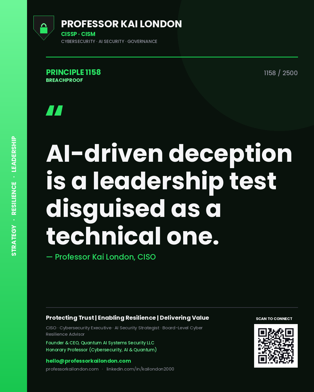 Quote card by Professor Kai London reading 'AI-driven deception is a leadership test disguised as a technical one.'. From the book Breachproof.