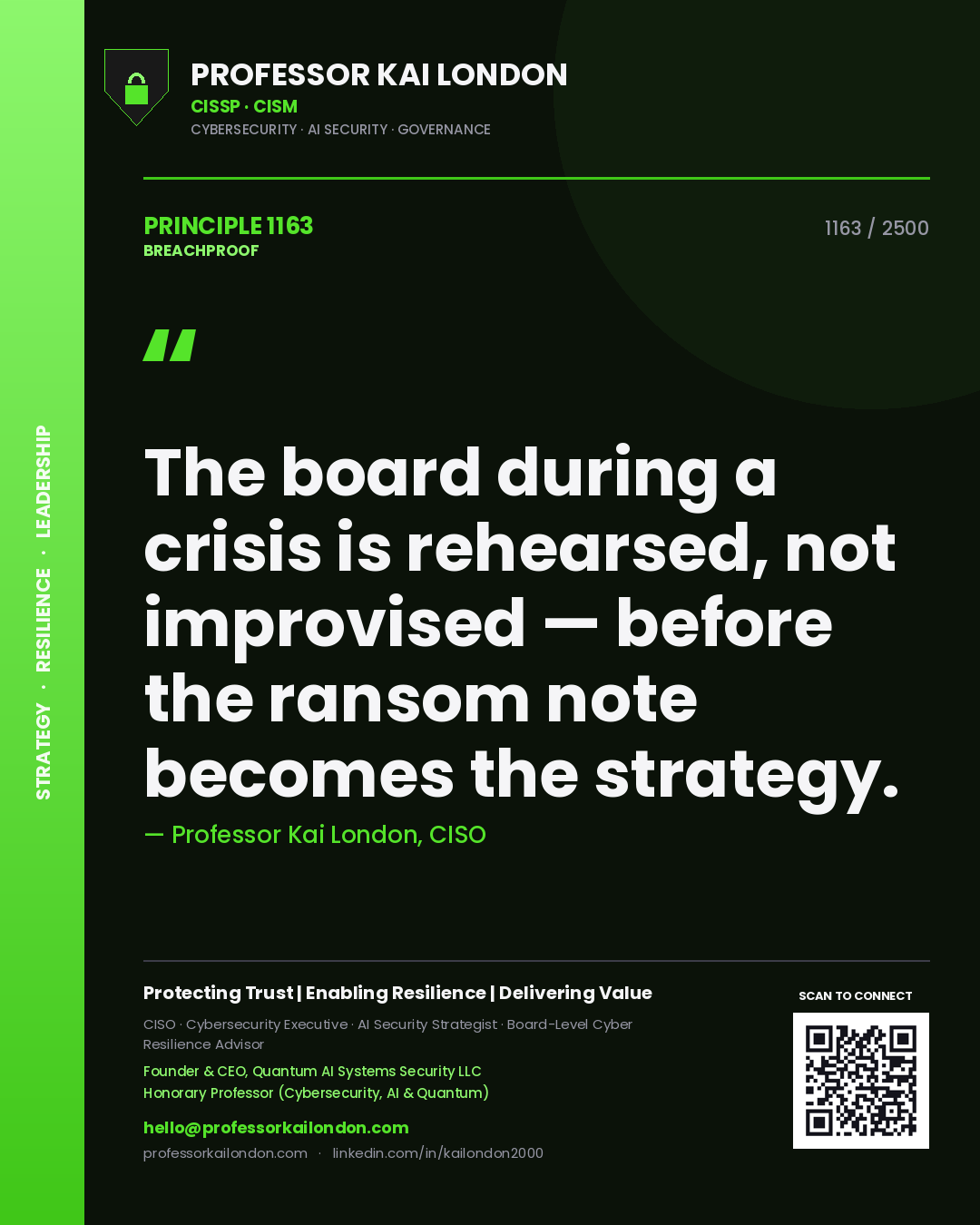 Quote card by Professor Kai London reading 'The board during a crisis is rehearsed, not improvised — before the ransom note becomes the strategy.'. From the book Breachproof.