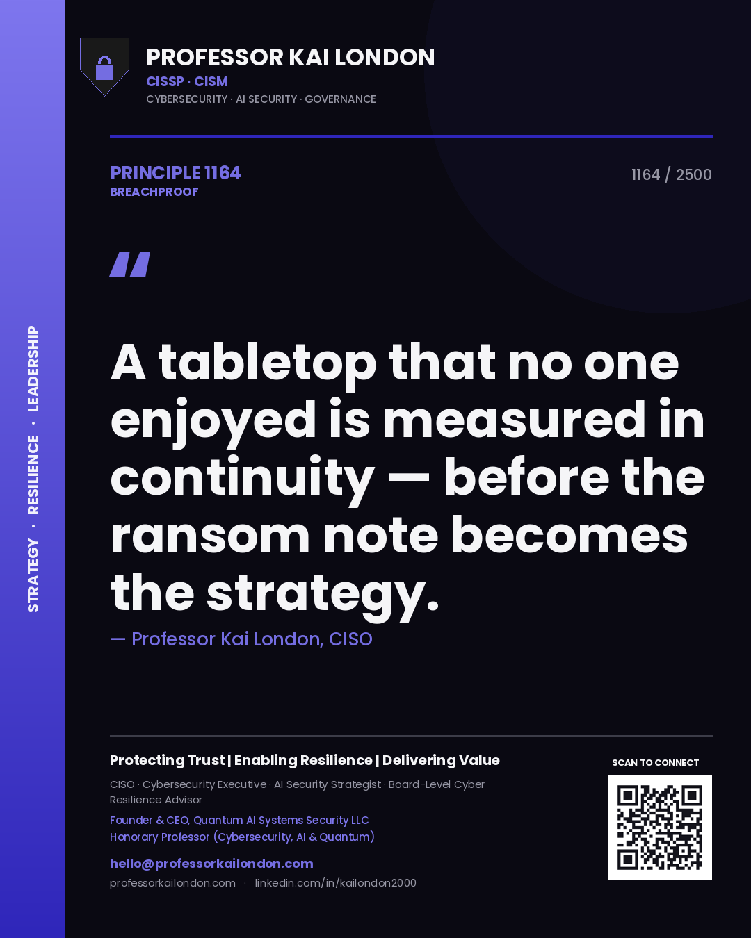 Quote card by Professor Kai London reading 'A tabletop that no one enjoyed is measured in continuity — before the ransom note becomes the strategy.'. From the book Breachproof.