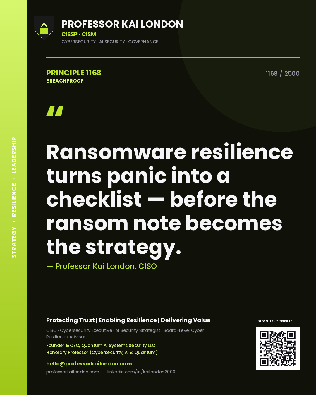 Quote card by Professor Kai London reading 'Ransomware resilience turns panic into a checklist — before the ransom note becomes the strategy.'. From the book Breachproof.