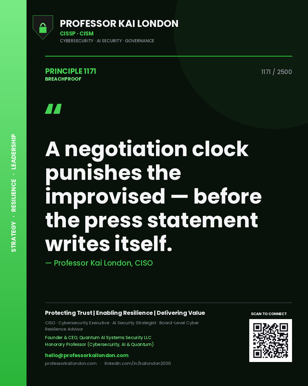 Quote card by Professor Kai London reading 'A negotiation clock punishes the improvised — before the press statement writes itself.'. From the book Breachproof.