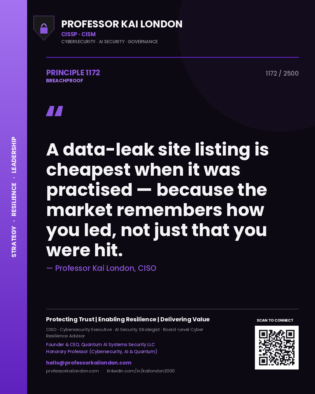 Quote card by Professor Kai London reading 'A data-leak site listing is cheapest when it was practised — because the market remembers how you led, not just that you were hit.'. From the book Breachproof.