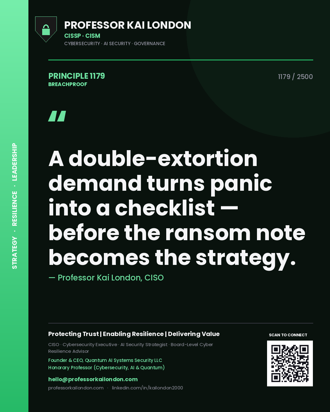 Quote card by Professor Kai London reading 'A double-extortion demand turns panic into a checklist — before the ransom note becomes the strategy.'. From the book Breachproof.