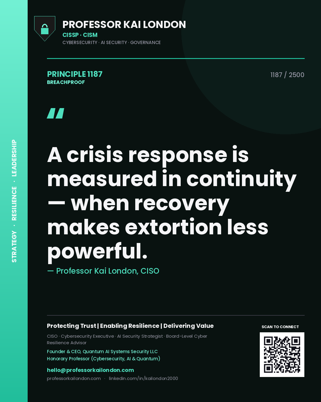 Quote card by Professor Kai London reading 'A crisis response is measured in continuity — when recovery makes extortion less powerful.'. From the book Breachproof.