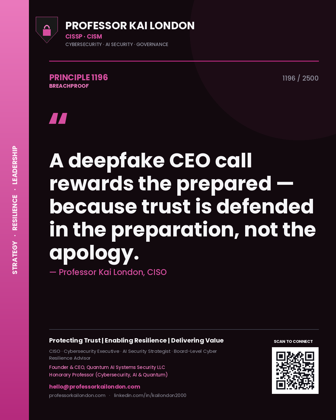 Quote card by Professor Kai London reading 'A deepfake CEO call rewards the prepared — because trust is defended in the preparation, not the apology.'. From the book Breachproof.