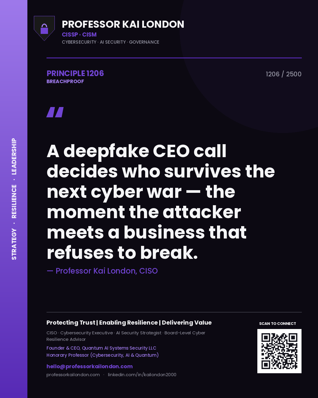 Professor Kai London principle 1206: A deepfake CEO call decides who survives the next cyber war — the moment the attacker meets a business that refuses to break.