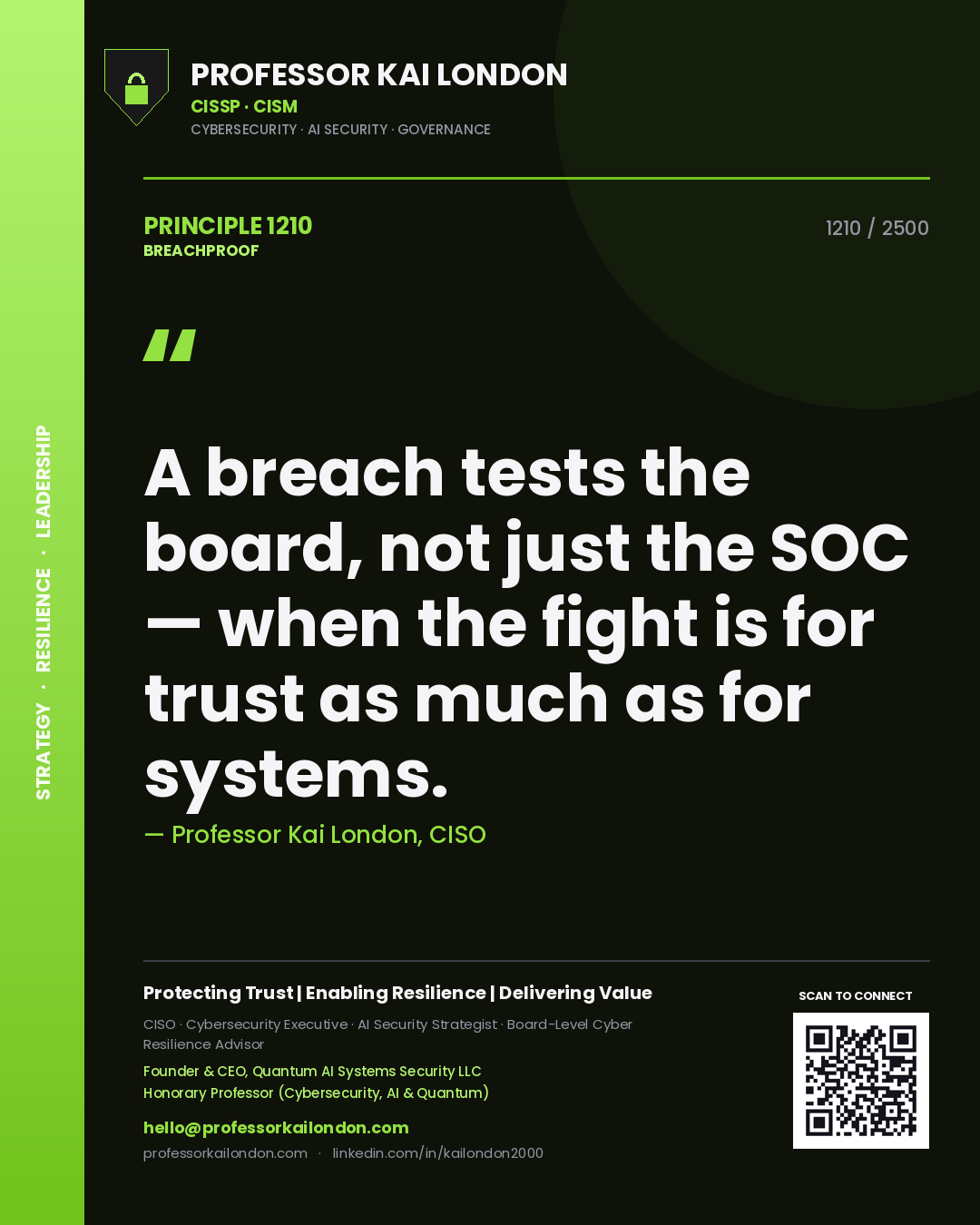 Quote card by Professor Kai London reading 'A breach tests the board, not just the SOC — when the fight is for trust as much as for systems.'. From the book Breachproof.