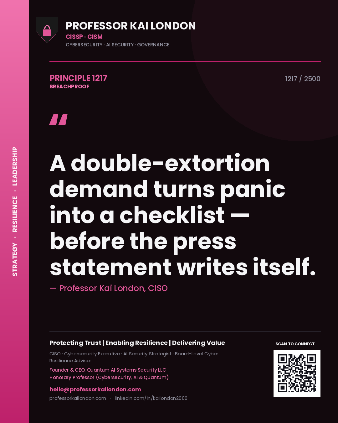Professor Kai London principle 1217: A double-extortion demand turns panic into a checklist — before the press statement writes itself.