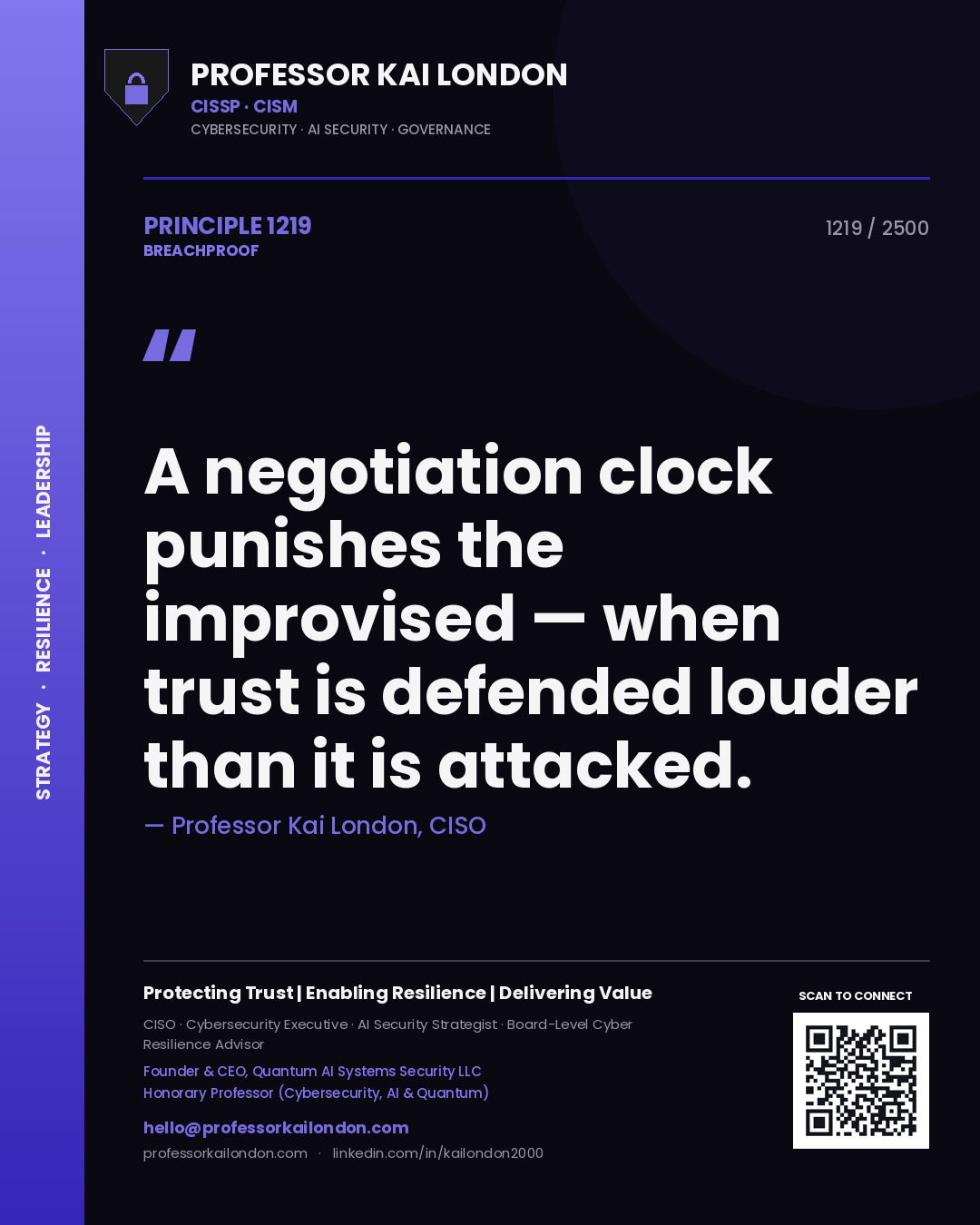 Quote card by Professor Kai London reading 'A negotiation clock punishes the improvised — when trust is defended louder than it is attacked.'. From the book Breachproof.