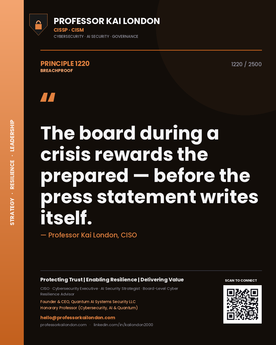 Quote card by Professor Kai London reading 'The board during a crisis rewards the prepared — before the press statement writes itself.'. From the book Breachproof.