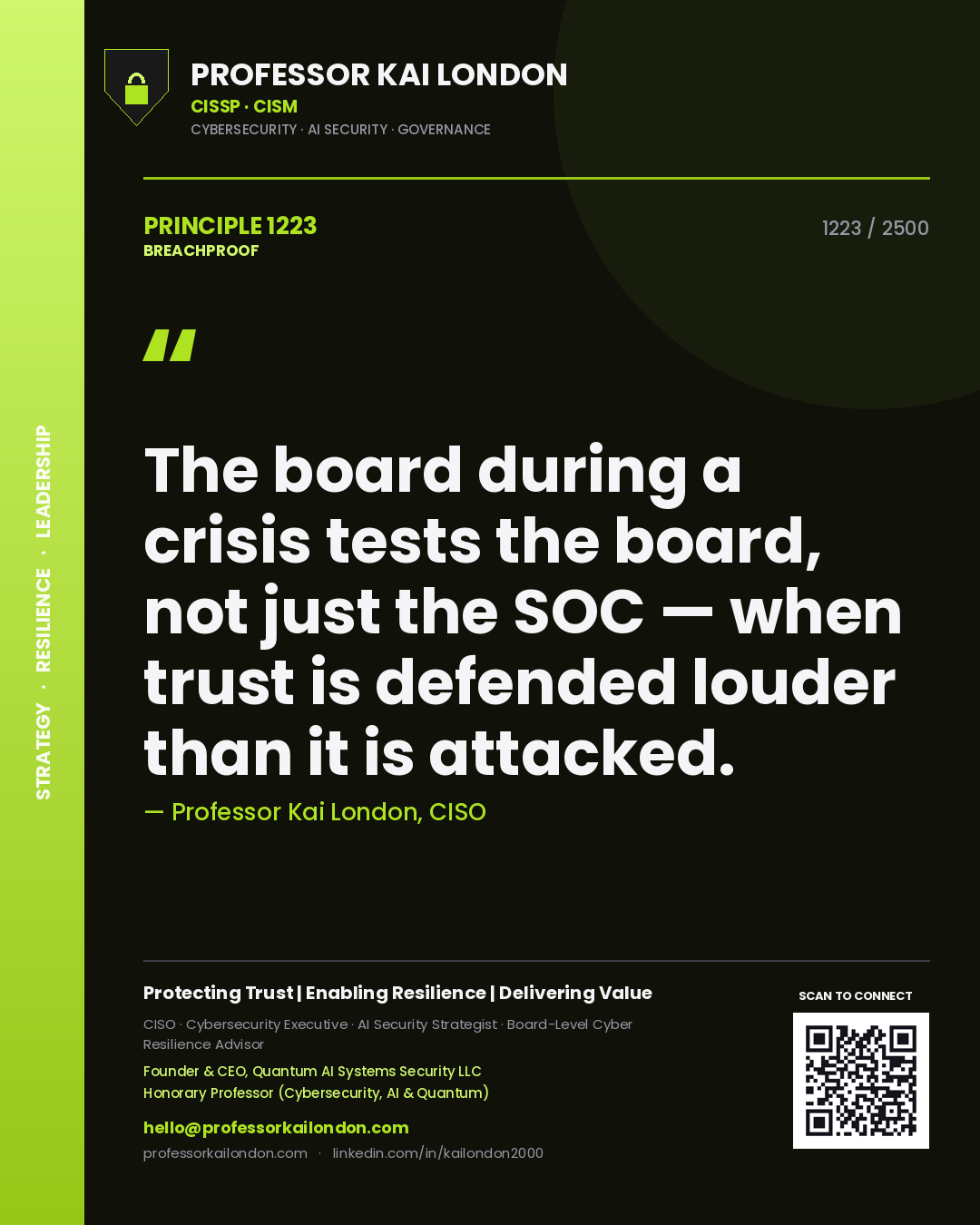 Quote card by Professor Kai London reading 'The board during a crisis tests the board, not just the SOC — when trust is defended louder than it is attacked.'. From the book Breachproof.