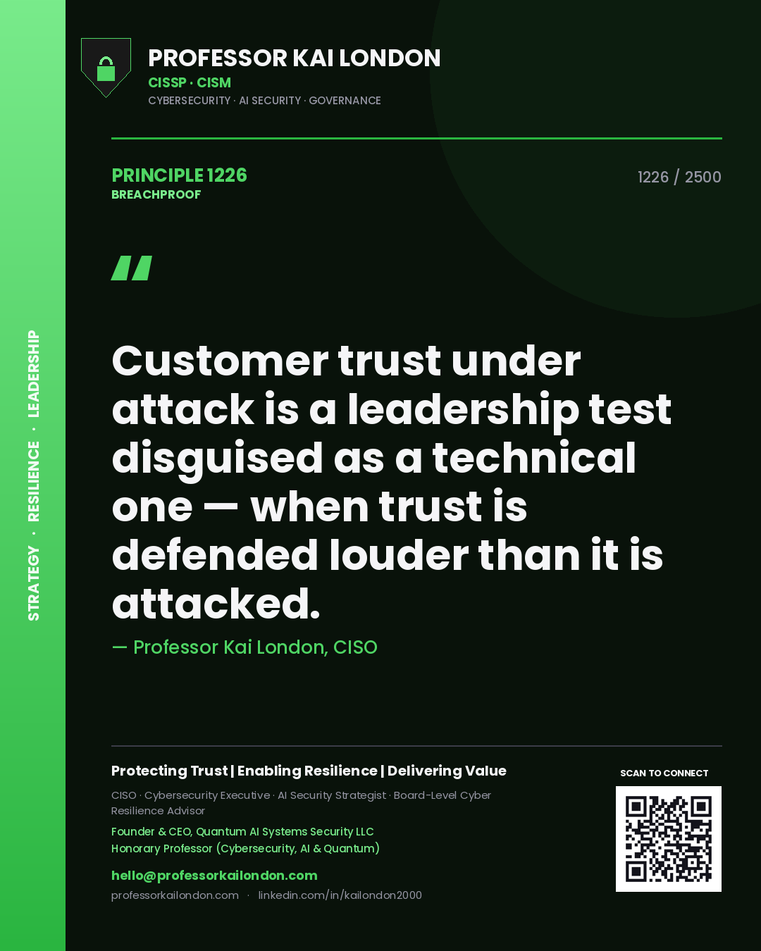 Professor Kai London principle 1226: Customer trust under attack is a leadership test disguised as a technical one — when trust is defended louder than it is attacked.
