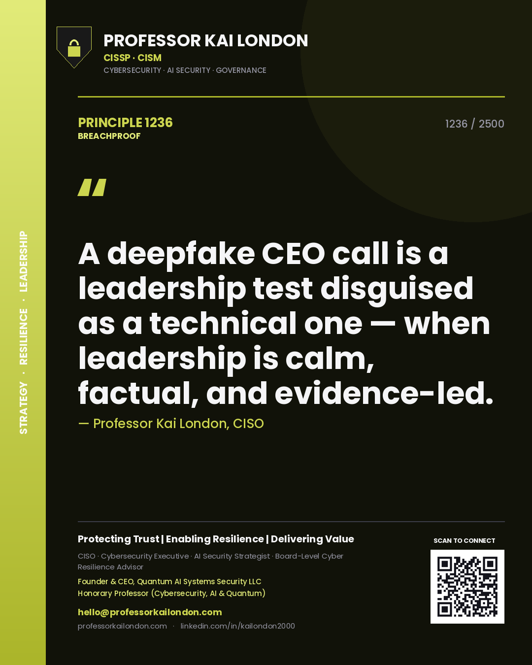 Quote card by Professor Kai London reading 'A deepfake CEO call is a leadership test disguised as a technical one — when leadership is calm, factual, and evidence-led.'. From the book Breachproof.