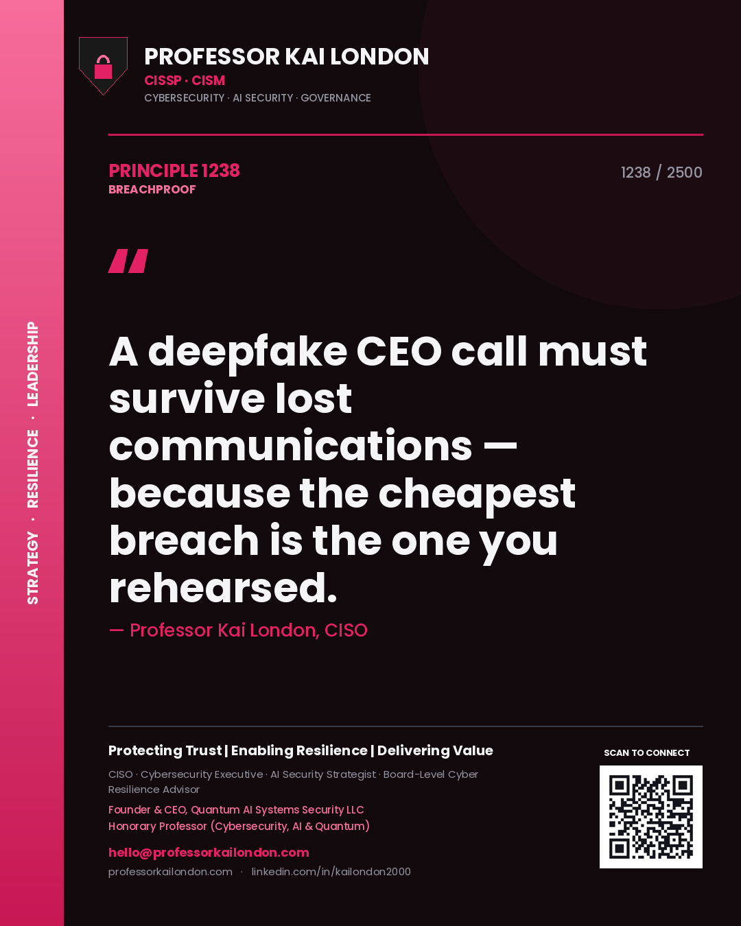 Quote card by Professor Kai London reading 'A deepfake CEO call must survive lost communications — because the cheapest breach is the one you rehearsed.'. From the book Breachproof.