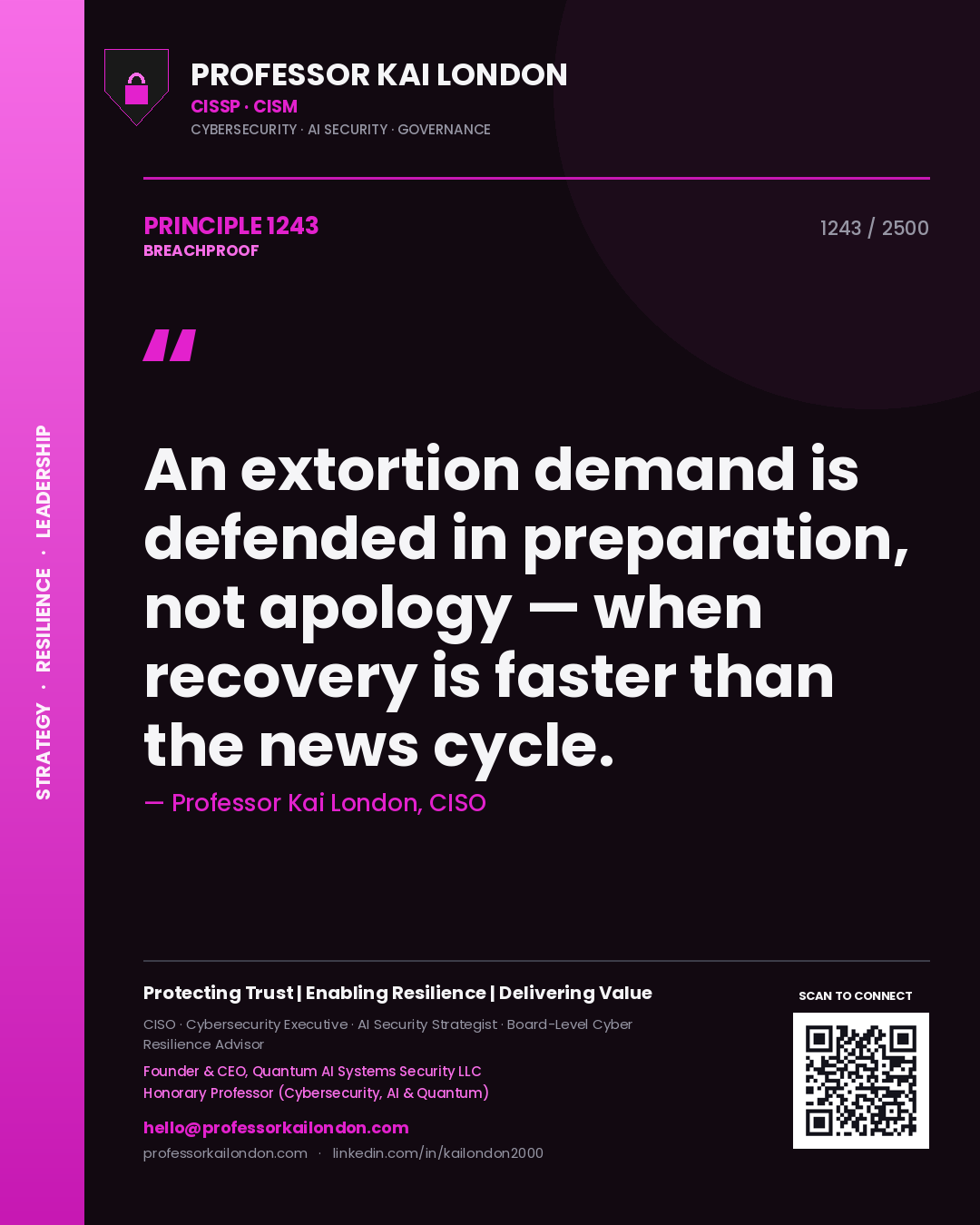 Quote card by Professor Kai London reading 'An extortion demand is defended in preparation, not apology — when recovery is faster than the news cycle.'. From the book Breachproof.