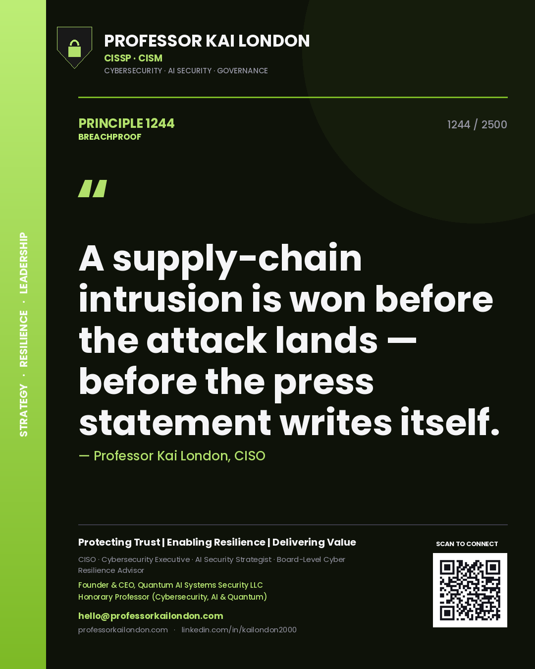 Professor Kai London principle 1244: A supply-chain intrusion is won before the attack lands — before the press statement writes itself.