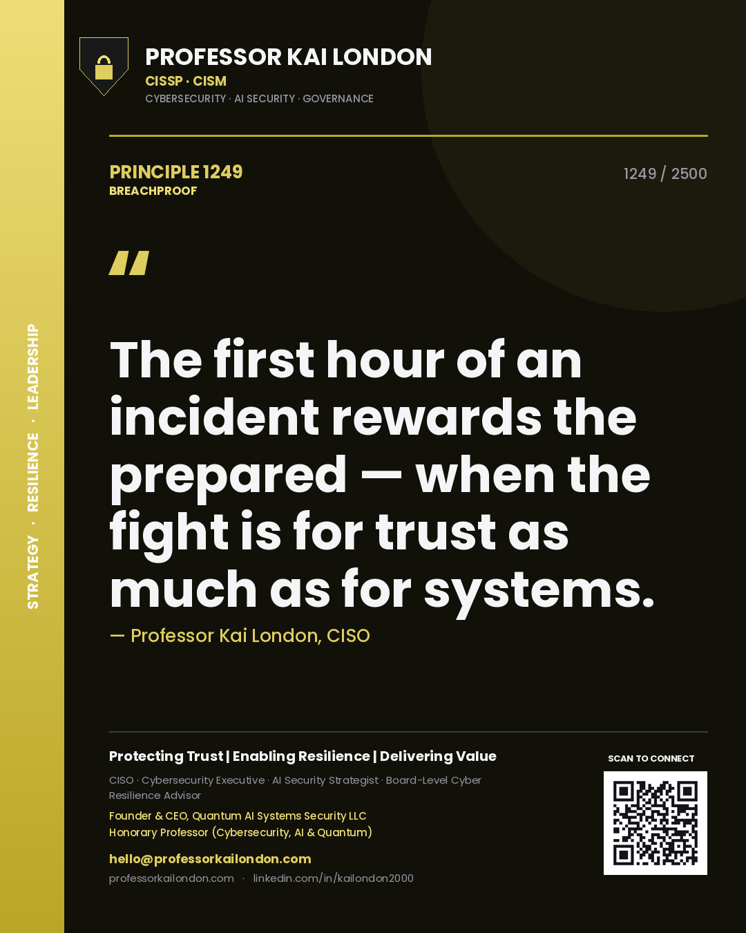 Professor Kai London principle 1249: The first hour of an incident rewards the prepared — when the fight is for trust as much as for systems.
