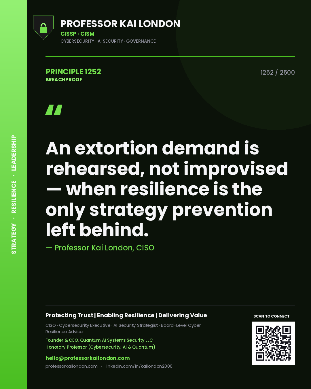 Professor Kai London principle 1252: An extortion demand is rehearsed, not improvised — when resilience is the only strategy prevention left behind.